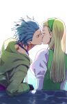  1boy 1girl blonde_hair blue_hair camus_(dq11) closed_eyes commentary_request couple dragon_quest dragon_quest_xi earrings green_hairband green_tunic hair_pulled_back hairband highres jewelry kiss long_hair mizoremiyako senya_(dq11) shirt_under_dress short_hair simple_background sphere_earrings spiked_hair tunic 