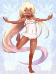  1girl :d absurdly_long_hair alternate_skin_color blonde_hair blue_background chain_paradox covered_navel dark-skinned_female dark_skin flat_chest full_body highres long_hair one-piece_swimsuit pandora_crowfiborg ranigrany red_eyes smile solo standing standing_on_one_leg swimsuit tan very_long_hair white_one-piece_swimsuit 
