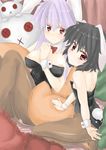  :x animal_ears areola_slip areolae ass bare_shoulders black_hair breasts bunny_ears bunny_tail bunnysuit bursting_breasts detached_collar flat_chest highres inaba_tewi large_breasts lavender_hair long_hair looking_at_viewer multiple_girls pantyhose red_eyes reisen_udongein_inaba short_hair sitting stuffed_animal stuffed_bunny stuffed_toy tail tomuman touhou very_long_hair wrist_cuffs 