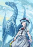  blouse blue_hair bow buttons closed_eyes cloud dragon eastern_dragon food fruit hat hinanawi_tenshi leaf long_hair open_hands open_mouth peach short_sleeves skirt sky solo standing touhou upper_body very_long_hair yagi_(sinnsyou) 