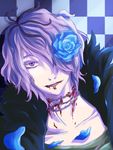  blood character_request flower garry_(ib) highres ib male male_focus purple_eyes purple_hair rose short_hair solo 