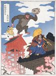  1girl asa_no_ha_(pattern) barefoot barrel character_name cherry_blossoms cloud donkey_kong donkey_kong_(game) donkey_kong_(series) fine_art_parody geta hammer jed_henry katana mario nihonga parody pauline_(mario) sake_barrel samurai sandals sheath shoes single_shoe sword tower ukiyo-e weapon 