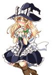  apron blonde_hair blush bow braid breasts curiosities_of_lotus_asia frills green_eyes hair_bow hat hat_bow kanosawa kirisame_marisa medium_breasts simple_background single_braid solo touhou witch witch_hat wrist_cuffs 