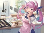  1girl absurdres ahoge apron aqua_hair baking_sheet blue_bow blue_bowtie blue_ribbon blue_sailor_collar blue_skirt blurry blurry_background blush bow bowtie braid breasts candy chocolate chocolate_bar chocolate_making colored_inner_hair commentary_request curly_hair curtains day egg_(food) egg_carton food fruit hair_ribbon highres holding holding_whisk hololive kitchen ladle long_hair maid_headdress minato_aqua mixing_bowl mochiki_927 multicolored_hair notepad open_mouth pink_apron pink_eyes pink_hair plant pleated_skirt ribbon rolling_pin sailor_collar school_uniform serafuku skirt smile solo spatula strawberry streaked_hair twintails two-tone_hair virtual_youtuber whisk white_serafuku 