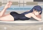  1girl air_mattress ass bare_arms bare_legs bare_shoulders barefoot black_one-piece_swimsuit blue_hair blush breasts commentary_request competition_school_swimsuit feet_up fingernails from_side hand_on_own_arm hand_on_own_head highres idolmaster idolmaster_(classic) indoors kisaragi_chihaya knees_out_of_frame long_hair looking_at_viewer looking_to_the_side lying on_stomach one-piece_swimsuit parted_lips pool pool_ladder school_swimsuit small_breasts soles solo swimsuit the_pose tile_floor tiles tsurui water yellow_eyes 