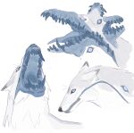 absurd_res ambiguous_feral ambiguous_gender black_nose blue_teeth body_horror canid canine cheek_tuft ears_back facial_tuft fangs feral front_view fur gore grey_body grey_fur hi_res justkiddinb mammal multi_mouth pivoted_ears side_view simple_background solo teeth tuft white_background white_body white_fur