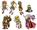  ayla_(chrono_trigger) blonde_hair blue_eyes cape chibi chrono_trigger club crono earrings everyone glasses green_eyes hat headband jewelry kaeru_(chrono_trigger) lucca_ashtear magus marle multiple_girls navel nekoichi open_mouth pale_skin ponytail purple_eyes purple_hair red_eyes red_hair robo robot scythe smile standing sword weapon yellow_eyes 