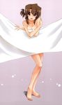  arm_up barefoot bed_sheet breasts brown_hair cleavage feet folded_ponytail hayate_no_gotoku! highres kamino_ryuuya maid_headdress maria maria_(hayate_no_gotoku!) red_eyes solo tanaka_rie 