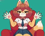 absolute_cinema anthro armchair bottomwear brown_hair bully_fox canid canine chair clothing collared_shirt countershading dipstick_ears ear_markings eyebrows female fox furniture hair mammal multicolored_ears necktie pawpads shirt skirt solo tail topwear voider_(artist) white_eyebrows