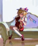  1girl absurdres alternate_headwear blonde_hair bow bowtie chinese_commentary commentary_request couch crystal crystal_wings flandre_scarlet frilled_skirt frills hat highres kneehighs mary_janes multicolored_wings on_couch one_side_up puffy_short_sleeves puffy_sleeves qiyu_yun_zhizhong red_eyes red_shoes red_skirt red_vest reflective_floor shirt shoes short_sleeves sitting skirt socks solo stuffed_animal stuffed_toy teddy_bear touhou vest white_bow white_bowtie white_hat white_shirt white_socks wings wrist_cuffs 