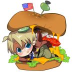  1boy :p ahoge america_(hetalia) american_flag arm_support arm_up axis_powers_hetalia belt blonde_hair blue_eyes blue_necktie blush bomber_jacket bread bread_bun brown_jacket burger cheese cheese_trail chibi closed_mouth collared_shirt commentary_request flag food food_focus fur-trimmed_jacket fur_trim glasses gloves green_pants in_food jacket layered_clothes layered_shirt lettuce long_sleeves lying male_focus military_jacket military_uniform necktie object_on_head olive on_food on_side onion onion_slice open_clothes open_jacket oversized_food oversized_object pants pickle pocket sakiko_(gekiama) semi-rimless_eyewear sesame_seeds shirt shirt_under_shirt short_hair simple_background sitting_on_food smile solo tomato tomato_slice tongue tongue_out toothpick white_shirt 