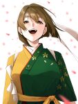  1girl commentary_request depth_charge floral_print green_kimono headband highres hiryuu_(kancolle) hiryuu_kai_san_(kancolle) japanese_clothes kantai_collection kimono open_mouth orange_kimono petals simple_background smile solo tasuki teeth tonegawa_manjirou two-tone_kimono upper_body upper_teeth_only white_background white_headband 