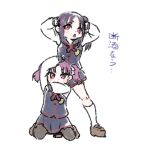  2girls arms_up black_pantyhose blue_sailor_collar blue_skirt blue_vest commentary_request kazuno_leah kazuno_sarah kneehighs kneeling legs_apart long_sleeves looking_at_viewer love_live! love_live!_sunshine!! miniskirt multiple_girls open_mouth pantyhose pleated_skirt purple_eyes purple_hair sailor_collar saint_snow school_uniform seisen_school_uniform serafuku shinanoya_(satanicad) shirt short_twintails siblings side_ponytail sidelocks simple_background sisters skirt socks standing translation_request twintails vest white_background white_shirt white_socks 