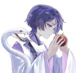  1boy apple artist_name blunt_ends bow clothing_cutout empty_eyes eyelashes food from_side fruit genshin_impact hands_up hashtag-only_commentary highres holding holding_food holding_fruit japanese_clothes kariginu kimono layered_sleeves male_focus open_mouth purple_bow purple_eyes purple_hair purple_kimono purple_sleeves renyupa scaramouche_(genshin_impact) scaramouche_(kabukimono)_(genshin_impact) shoulder_cutout snake solo tasuki tsurime white_background white_sleeves white_snake wide_sleeves 