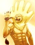  aotsuki091 biceps blonde_hair eyes_closed feline fur hair hand humor lion male mammal muscles open_mouth orange_fur orange_hair pawpads pecs sky_(artist) smile solo tongue yellow yellow_fur yellow_theme 