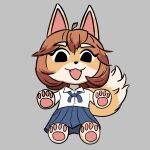 1:1 anonymous_artist anthro bottomwear brown_hair bully_fox canid canine chibi clothing collared_shirt countershading dipstick_ears ear_markings eyebrows female fox hair hi_res mammal medium_hair multicolored_ears neck_ribbon pawpads plushie shirt skirt solo tail topwear white_eyebrows