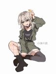 1girl asymmetrical_legwear black_boots black_choker black_shirt black_thighhighs blush boots brown_jacket catowjeemson chinese_commentary choker commentary_request fang fishnets full_body girls_band_cry grey_eyes grey_hair hair_between_eyes highres holding holding_plectrum jacket kawaragi_momoka long_hair long_sleeves multicolored_hair open_mouth plectrum roots_(hair) shirt shorts simple_background sitting solo thighhighs white_background white_shorts 