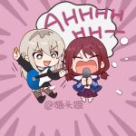  2girls black_pantyhose black_shirt blue_jacket brown_hair catowjeemson chibi chinese_commentary commentary_request electric_guitar girls_band_cry grey_hair guitar holding holding_plectrum instrument iseri_nina jacket kawaragi_momoka long_hair long_sleeves low_twintails multicolored_hair multiple_girls music open_mouth pantyhose plaid_clothes plaid_skirt playing_guitar playing_instrument plectrum red_skirt roots_(hair) shirt short_hair short_twintails skirt twintails 