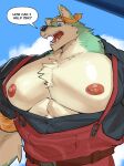  1boy abs absurdres alder_(cuisineer) animal_ears apron bara blue_sky cloud commentary cuisineer english_commentary english_text fangs furry furry_male headband highres male_focus muscular muscular_male nipples open_clothes open_mouth open_shirt pandarita pectorals red_apron sky speech_bubble upper_body wolf_boy wolf_ears yellow_headband 