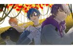  3boys absurdres aoyagi_touya blood blood_bag blue_eyes blue_hair blue_nails clenched_teeth commentary_request crew_neck earrings fingernails grey_eyes hand_on_own_chest hand_on_own_hip hand_up highres hood hood_down hooded_jacket jacket jewelry kaito_(vocaloid) lightning_bolt_symbol long_sleeves male_focus mole mole_under_eye multiple_boys nail_polish necklace open_clothes open_hand open_jacket parang_99 parted_lips project_sekai shinonome_nano short_hair stud_earrings teeth three-quarter_sleeves upper_teeth_only vivid_bad_squad_kaito 
