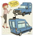  >_o 1girl ;p bandana black_cat black_leggings blonde_hair blue_car blue_eyes border bright_pupils car cat commentary_request full_body grey_background hat highres leggings license_plate looking_at_viewer motor_vehicle newsboy_cap one_eye_closed original outside_border radio_antenna red_bandana red_hat red_shoes renault_express sekihan shirt shoes short_hair speech_bubble standing striped_clothes striped_shirt tongue tongue_out van vehicle_focus white_border white_pupils 