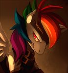  blue_fur brown_background clothed clothing equine female friendship_is_magic fur grin hair horse kohtek looking_at_viewer mammal multi-colored_hair my_little_pony pegasus plain_background pony rainbow_dash_(mlp) rainbow_hair red_eyes simple_background solo wings 