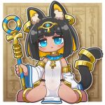  1girl ancient_egyptian animal_ear_fluff animal_ears ankh anklet barefoot black_hair blonde_hair blue_eyes blunt_bangs blush brown_background brown_egyptian_cat-eared_loli_(trend) cat_ears cat_girl cat_tail circlet closed_mouth colored_inner_hair commentary covered_navel dark-skinned_female dark_skin detached_sleeves drop_shadow full_body highres holding holding_staff jewelry jitome long_sleeves looking_at_viewer multicolored_hair native_(native37825) original outline pelvic_curtain short_hair sitting solo staff tail two-tone_hair wariza white_outline white_sleeves wide_sleeves 
