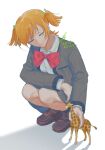  1girl blonde_hair bow bowtie breast_pocket brown_shoes character_figure closed_eyes closed_mouth collared_shirt commentary daiba_nana dated elbow_on_knee elbow_rest english_commentary facing_down full_body giraffe giraffe_(revue_starlight) green_ribbon grey_jacket grey_skirt grey_socks hair_ribbon hand_on_own_thigh highres holding_figure invisible_floor jacket light_smile loafers long_sleeves miniskirt open_clothes open_jacket pm_opus pocket red_bow red_bowtie ribbon school_uniform seishou_music_academy_uniform shadow shirt shoes short_hair shoujo_kageki_revue_starlight signature simple_background skirt socks solo squatting two_side_up white_background white_shirt 