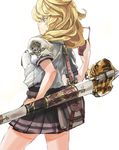  bag blonde_hair blue_eyes cellphone commentary_request laio original phone school_uniform sheath simple_background skirt solo sword weapon white_background 