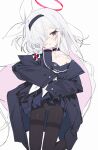 1girl black_choker black_coat black_hairband black_pantyhose black_sailor_collar black_serafuku black_shirt black_skirt black_thighhighs blue_archive bow bow_panties braid choker coat collarbone colored_inner_hair grey_eyes hair_bow hair_over_one_eye hairband halo highres long_hair long_sleeves looking_at_viewer measho miniskirt multicolored_hair panties panties_under_pantyhose pantyhose parted_lips pink_hair plana_(blue_archive) pleated_skirt red_halo red_pupils sailor_collar sailor_shirt school_uniform serafuku shirt side_braid simple_background single_bare_shoulder single_braid skirt solo thighband_pantyhose thighhighs two-tone_hair underwear very_long_hair white_background white_bow white_hair 