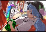  blue_hair blue_panties brown_eyes brown_hair food fruit hakurei_reimu hands_on_hips hat hinanawi_tenshi horns hot ibuki_suika looking_at_viewer midriff mouth_hold multiple_girls navel neropaso panties peach popsicle red_eyes shade sitting skirt skirt_pull touhou underwear watermelon 