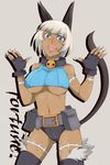  1girl animal_ears bare_shoulders belt blue_eyes blush breasts cat_ears cat_tail character_name dark_skin english fingerless_gloves gloves grey_background markings midriff ms._fortune_(skullgirls) nadia_fortune navel open_mouth scar simple_background skullgirls sleeveless smile solo standing syuo tail underboob white_hair 