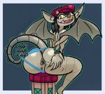 anus big_butt black_hair blue_background blue_clothing blue_panties blue_underwear border butt clothing clothing_pull deadlock eyelashes facial_piercing female flat_cap furniture gargoyle genitals grey_anus grey_body grey_border grey_horn hair hat headgear headwear horn humanoid ivy_(deadlock) looking_at_viewer looking_back looking_back_at_viewer membrane_(anatomy) membranous_wings nose_piercing nose_ring open_mouth panties panty_pull pattern_background piercing pulpdirector pupils rear_view ring_piercing short_hair simple_background sitting slit_pupils solo spread_butt spreading stool tail tail_ridge thick_thighs underwear underwear_pull valve vulva wide_hips wings yellow_eyes