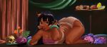  1girl absurdres all_fours ass black_hair bracelet breasts brown_eyes chel_(el_dorado) commentary dragon_fruit earrings flower food fruit highres jewelry jumboiiii large_breasts loincloth long_hair looking_at_viewer orange_flower passion_fruit pink_flower pink_tube_top purple_flower skull strapless the_road_to_el_dorado tube_top 