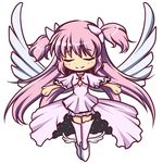  boots chibi closed_eyes dress full_body kaname_madoka kou512a long_hair mahou_shoujo_madoka_magica pink_footwear pink_hair simple_background smile solo spoilers two_side_up ultimate_madoka white_background white_wings wings 