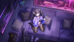  1girl :q absurdres azur_lane black_bra black_choker black_mask black_panties black_thighhighs bra breasts choker clothes_pull finger_to_mouth fish_tank fujinami_(azur_lane) fujinami_(secret_fashion_show_for_you)_(azur_lane) green_nails grin highres indoors izuru_(timbermetal) jacket jacket_pull jirai_kei lingerie mask medium_hair microphone mouth_mask multicolored_hair navel non-web_source official_alternate_costume official_art panties pillow pink_hair pink_streaks purple_hair purple_jacket red_eyes shushing sitting smile solo stomach streaked_hair thighhighs tongue tongue_out turtleneck turtleneck_jacket twintails underwear wariza 