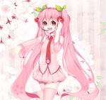  cherry cherry_blossoms dated detached_sleeves food fruit hatsune_miku headset liang long_hair necktie open_mouth pink_hair pink_legwear red_eyes sakura_miku skirt solo striped striped_background thighhighs twintails very_long_hair vocaloid 