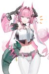  1girl absurdres arknights arknights:_endfield black_horns commentary dragon_girl dragon_horn dragon_horns dragon_tail gloves hair_intakes hair_on_horn highres horns looking_at_viewer multicolored_gloves multicolored_horns pants pink_horns pink_sleeves simple_background smile solo tail two-sided_gloves two-tone_horns white_background white_pants yvonne_(arknights) zanya_000 