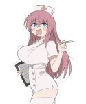  1girl arataka_(a_fd94) blue_eyes blush bocchi_the_rock! breasts clipboard dress gotoh_hitori hat highres holding large_breasts long_hair nurse nurse_cap open_mouth pink_hair simple_background solo syringe tears white_background white_dress 