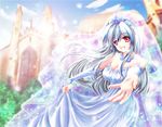  alternate_costume bare_shoulders blue_hair blush breasts bridal_gauntlets bridal_veil bride church dress flower foreshortening hair_ornament jewelry kamishirasawa_keine long_hair medium_breasts necklace open_mouth outstretched_hand red_eyes ribbon smile solo touhou tsukiori_sasa veil wedding_dress 