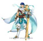  1boy armor blue_eyes blue_hair blue_headband blue_tunic cape closed_mouth commentary_request feathers fingerless_gloves fire_emblem fire_emblem:_radiant_dawn fire_emblem_heroes gloves headband holding holding_sword holding_weapon ike_(fire_emblem) ike_(vanguard_legend)_(resplendent)_(fire_emblem) kuroba.k looking_at_viewer male_focus muscular muscular_male official_alternate_costume pants popped_collar ragnell scarf short_hair simple_background solo sword tunic weapon white_cape white_gloves white_pants white_scarf 
