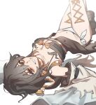  1girl absurdres amo_empool boots bow bowtie brown_boots brown_dress brown_hair corset_piercing detached_sleeves dress gachiakuta gradient_hair highres long_hair looking_at_viewer lying multicolored_hair muoo910 on_back open_clothes open_dress orange_bow orange_bowtie orange_eyes orange_ribbon panties parted_lips ribbon scarf smile solo striped_clothes striped_scarf underwear white_pantied white_panties 