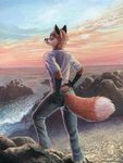  back_turned beach belt canine clothed clothing crying fox fur gloves_(marking) hat jeans kacey landscape male mammal markings pants red_fur rock sea seaside shirt shoes sky solo standing steve_foxx tail_clothing tears water whiskers 