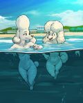 20th_century_fox 20th_century_studios anthro blue_sky breasts canid canine canis city city_background cloud convenient_censorship delores_(paw_patrol) diacordst domestic_dog duo facing_each_other female genitals green_trees hi_res honey_(housebroken) housebroken looking_at_another mammal mountain nickelodeon nude paw_patrol plant poodle skinny_dipping sky swimming tree vulva water