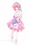 1girl animal_print apron artist_name blue_apron blue_eyes blue_hat blue_shirt blush boots breasts closed_mouth collared_shirt commentary_request dated fish_print full_body gasaisanae hat looking_at_viewer medium_breasts medium_hair okunoda_miyoi pink_hair pink_skirt print_apron shirt skirt smile touhou two-tone_apron whale_hat whale_print white_boots 