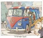  2boys 2girls :/ black_hair black_shirt blonde_hair blush_stickers border brown_eyes brown_hat brown_jacket brown_pants brown_shoes brown_suit building closed_mouth collared_shirt commentary crossed_arms day dress_pants english_commentary full_body grin hair_ribbon hat highres jacket license_plate looking_at_viewer motor_vehicle multiple_boys multiple_girls outdoors outside_border pants polo_shirt red_ribbon ribbon sekihan shirt shoes short_eyebrows short_hair signature smile standing suit suit_jacket the_who tree two_side_up v v-shaped_eyebrows van volkswagen volkswagen_type_2 white_border zesshaka!_shiritsu_yotsuwa_joshi_gakuin_zetsumetsu_kigu-sha_gakka 