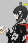  1girl alcohol backpack bag bandaid bandaid_on_cheek bandaid_on_face beer beer_mug black_hair black_jacket cigarette commentary_request cup from_side grey_background grey_eyes height highres holding holding_cup jacket long_hair long_sleeves low_twintails mug nukunuku_nigirimeshi original profile randoseru sidelocks simple_background solo twintails upper_body 