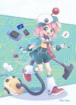  1girl :3 :d android animal_collar animal_ears aqua_background aqua_dress aqua_eyes aqua_hat artist_name artist_self-insert asui_inui_(vtuber) asuinui baseball_cap black_unitard blush_stickers bolt_(hardware) circuit_board collar commentary dog_ears dog_girl dress eighth_note electric_plug electric_plug_tail english_commentary full_body game_boy_advance game_boy_advance_(original) game_boy_cartridge game_cartridge gloves handheld_game_console hat highres indie_virtual_youtuber joints leg_warmers lightning_bolt_symbol looking_at_viewer medium_hair musical_note neckerchief open_mouth pause_button pawpads pink_hair play_button puffy_short_sleeves puffy_sleeves red_collar red_neckerchief red_shoes robot robot_girl robot_joints sailor_collar see-through_clothes shoes short_dress short_sleeves short_twintails sidelocks smile solo speech_bubble spoken_musical_note square_pupils studded_collar swept_bangs tail thick_eyebrows tilted_headwear twintails two-tone_background unitard vacuum_cleaner virtual_youtuber walking white_background white_gloves white_leg_warmers 