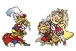  2boys blonde_hair cefca_palazzo chibi clenched_teeth dissidia_final_fantasy final_fantasy final_fantasy_iii final_fantasy_vi gloves green_eyes grin lowres multiple_boys nekoichi onion_knight purple_eyes single_glove smile teeth tina_branford 