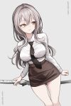  1girl absurdres alternate_costume black_necktie breasts brown_skirt bucho_sama goddess_of_victory:_nikke grey_background grey_hair hair_between_eyes heart heart_in_eye highres holding holding_sword holding_weapon large_breasts long_hair long_sidelocks looking_to_the_side necktie scarlet_(nikke) school_uniform shirt sidelocks skirt solo sword symbol_in_eye thighs weapon white_shirt yellow_eyes 